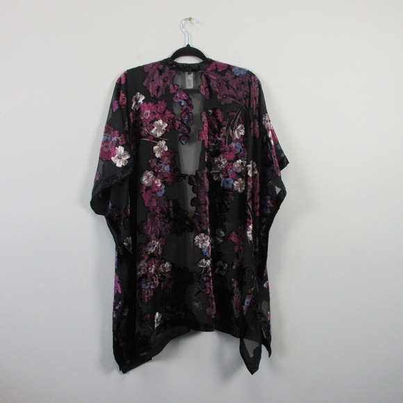 J Jill Burnout Floral Kimono Robe Women OS Black Purple Velvet Sheer Boho 274 - Picture 2 of 9